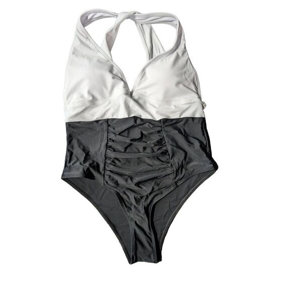 NWOT SHEIN Two Tone Black and White Halter One Piece Swimsuit Women's Large - Picture 1 of 5